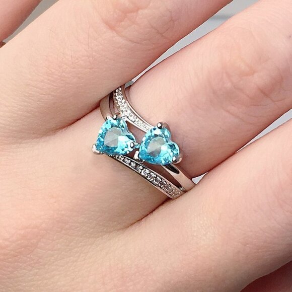 🔥925 Silver Plated Sea Blue Double Heart-Shaped CZ Ring, MLNN1187 - Picture 2 of 2
